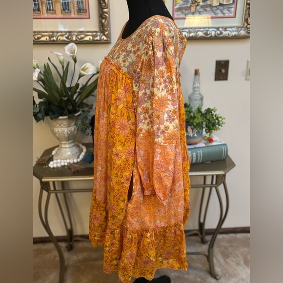 AMERICAN EAGLE ORANGE FLORAL BOHO PEASANT CUT OUT WESTERN FLOWY DRESS SZ L TALL - Picture 9 of 12